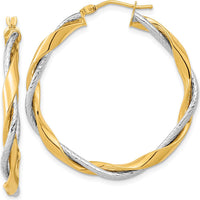 14K Two-Tone Gold Twisted Rope Hoop Earrings - 36.5mm Length by 0