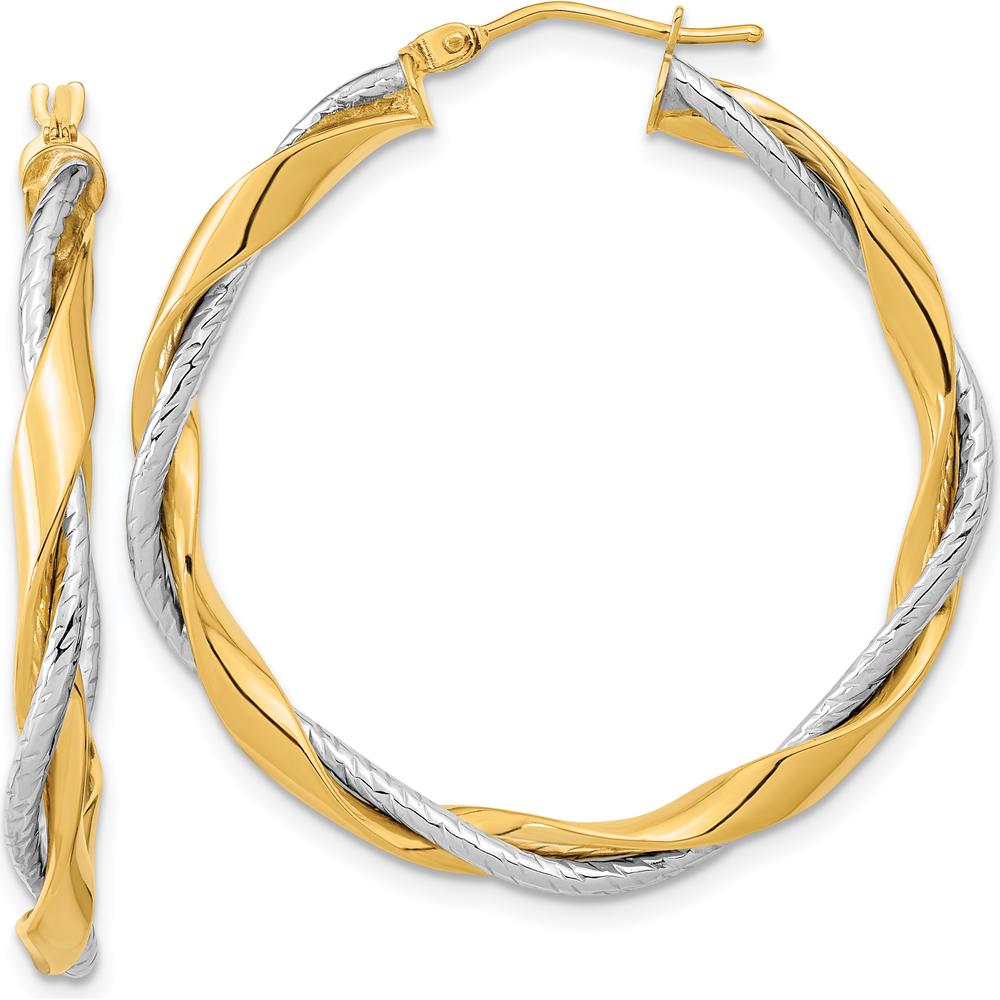 14K Two-Tone Gold Twisted Rope Hoop Earrings - 36.5mm Length by 0