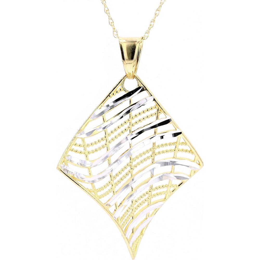 14K Two-Tone Gold Waved Geometric Square Pendant with Textured Detailing