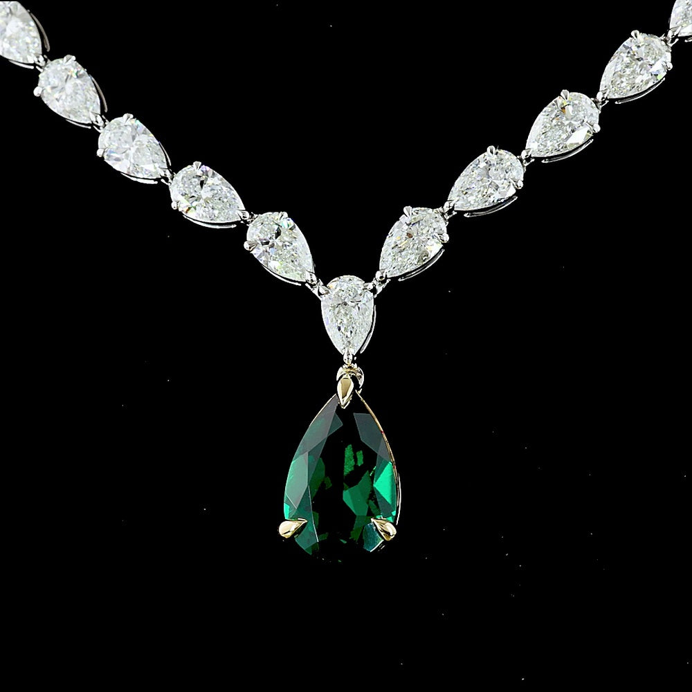 14K Two Tone Graduated Pear Shape Tennis Necklace with 2.24 Carat Lab-Grown Green Emerald and 16.86 Carat Lab-Grown Diamond Accents - 19.1 Carat Total Weight - Covaloro Fine Jewelry
