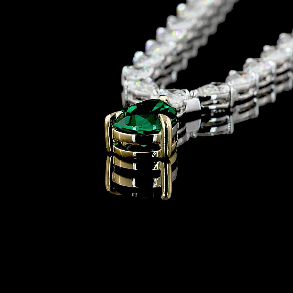 14K Two Tone Graduated Pear Shape Tennis Necklace with 2.24 Carat Lab-Grown Green Emerald and 16.86 Carat Lab-Grown Diamond Accents - 19.1 Carat Total Weight - Covaloro Fine Jewelry