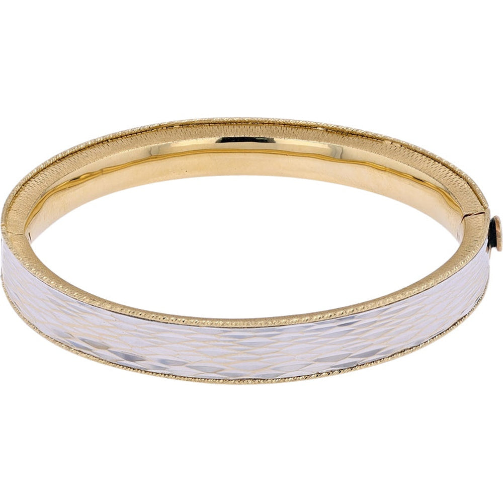 14K Two-Tone Hammered Bangle Bracelet in White and Yellow Gold - 7 Inch Length with Substantial 15.25 Gram Weight
