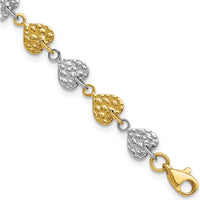 14K Two-Tone Hammered Hearts 7" Bracelet - Luxury Gold Link Design by 0