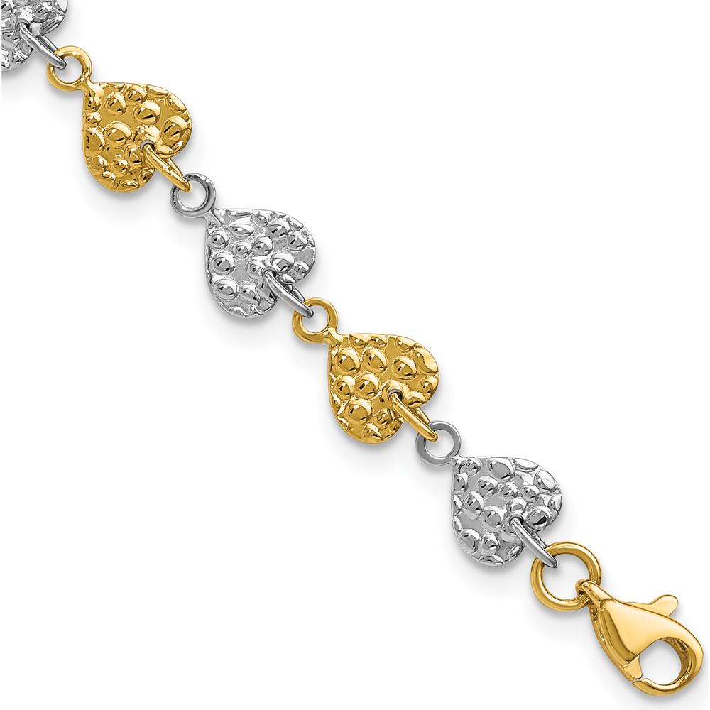 14K Two-Tone Hammered Hearts 7" Bracelet - Luxury Gold Link Design by 0