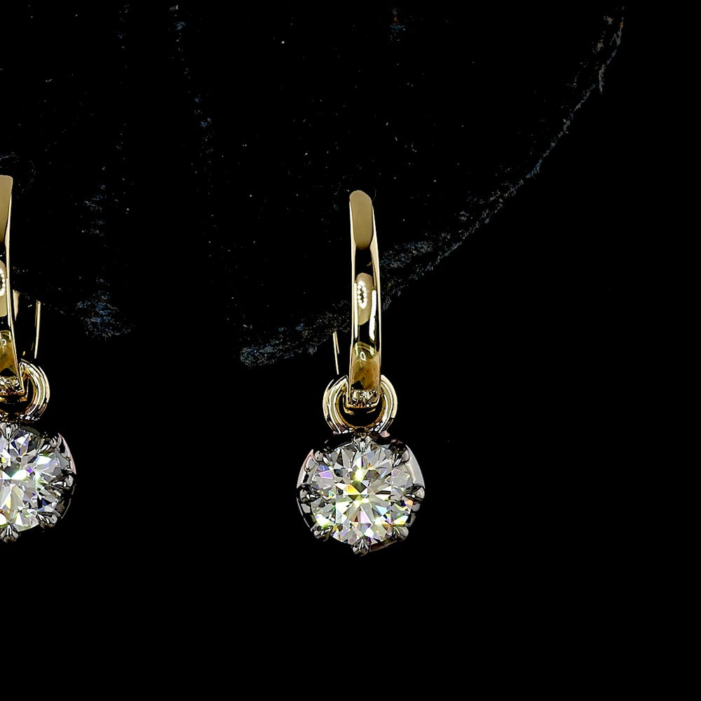 14K Two Tone Hanging Earrings with 1.00 Carat Total Weight Round Brilliant Lab Grown Diamonds - E-F Color VS2 Clarity - Covaloro Fine Jewelry