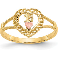 14K Two-Tone Heart Ring with "15" Engraving in Rose Gold and Yellow Gold Finish - 11mm Top Length by Oro Pregiato