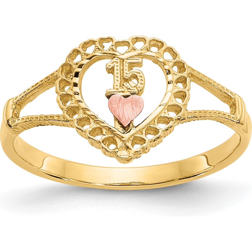14K Two-Tone Heart Ring with "15" Engraving in Rose Gold and Yellow Gold Finish - 11mm Top Length by Oro Pregiato