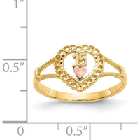 14K Two-Tone Heart Ring with "15" Engraving in Rose Gold and Yellow Gold Finish - 11mm Top Length by Oro Pregiato