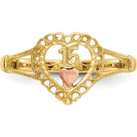 14K Two-Tone Heart Ring with "15" Engraving in Rose Gold and Yellow Gold Finish - 11mm Top Length by Oro Pregiato