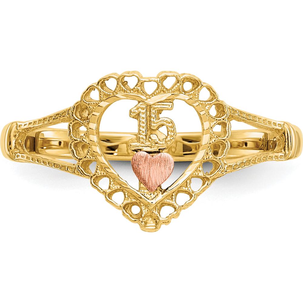 14K Two-Tone Heart Ring with "15" Engraving in Rose Gold and Yellow Gold Finish - 11mm Top Length by Oro Pregiato