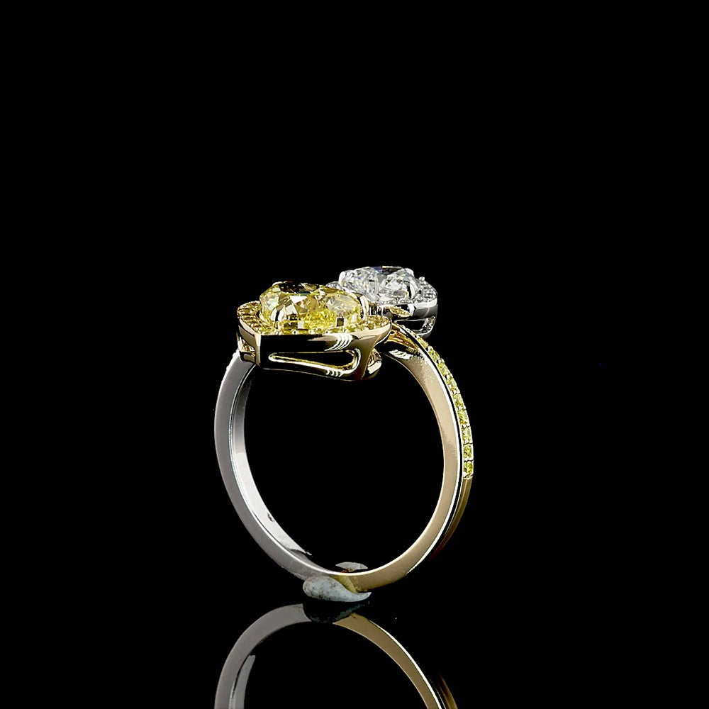 14K Two Tone Heart Shaped Halo Ring with 1.59 Carats Fancy Vivid Yellow Lab Diamond and 0.56 Carats D Color VS1 Diamond - 2.54 Carats Total Diamond Weight - Covaloro Fine Jewelry
