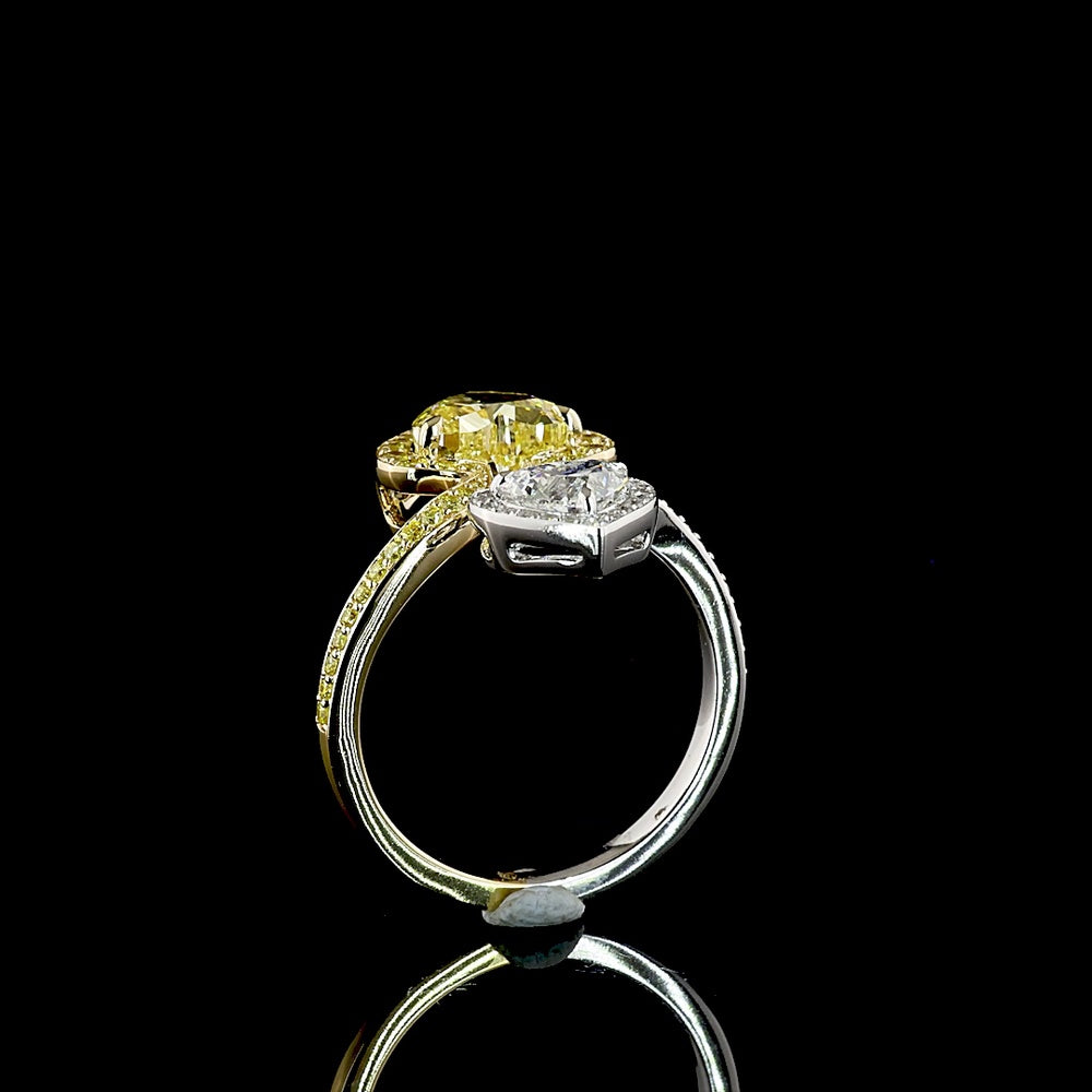 14K Two Tone Heart Shaped Halo Ring with 1.59 Carats Fancy Vivid Yellow Lab Diamond and 0.56 Carats D Color VS1 Diamond - 2.54 Carats Total Diamond Weight - Covaloro Fine Jewelry