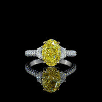14K Two Tone Hidden Halo Ring with 2.51 Carat Oval Fancy Vivid Yellow Lab Diamond and Half-Moon Accent Diamonds - 3.63 Carat Total Weight - Covaloro Fine Jewelry