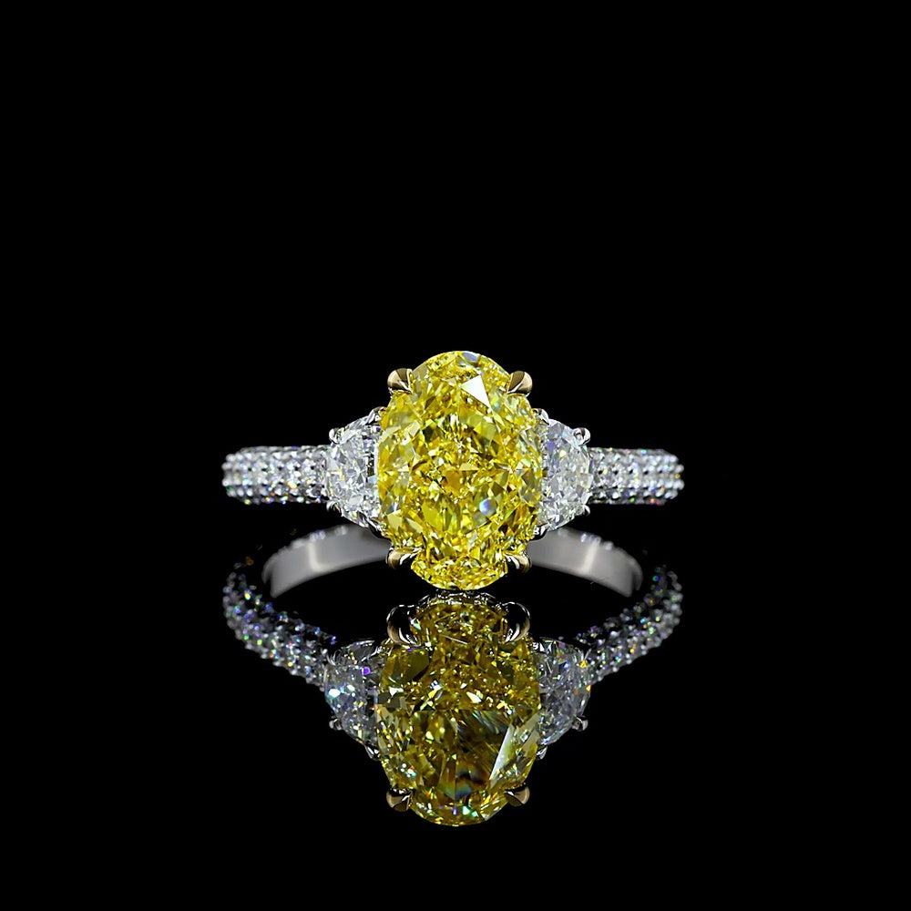 14K Two Tone Hidden Halo Ring with 2.51 Carat Oval Fancy Vivid Yellow Lab Diamond and Half-Moon Accent Diamonds - 3.63 Carat Total Weight - Covaloro Fine Jewelry