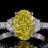 14K Two Tone Hidden Halo Ring with 2.51 Carat Oval Fancy Vivid Yellow Lab Diamond and Half-Moon Accent Diamonds - 3.63 Carat Total Weight - Covaloro Fine Jewelry