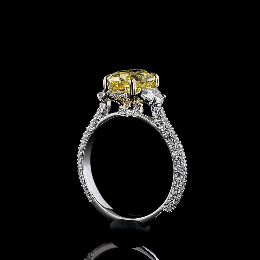 14K Two Tone Hidden Halo Ring with 2.51 Carat Oval Fancy Vivid Yellow Lab Diamond and Half-Moon Accent Diamonds - 3.63 Carat Total Weight - Covaloro Fine Jewelry