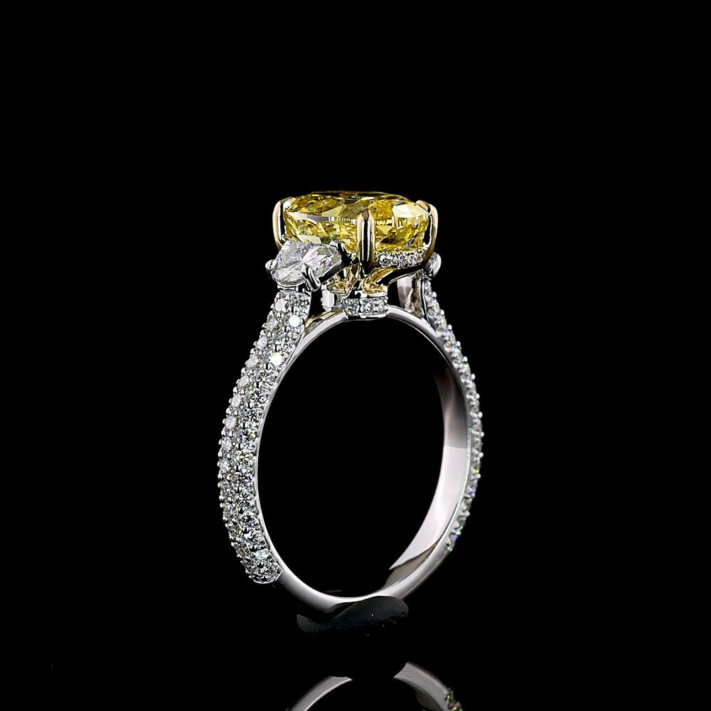 14K Two Tone Hidden Halo Ring with 2.51 Carat Oval Fancy Vivid Yellow Lab Diamond and Half-Moon Accent Diamonds - 3.63 Carat Total Weight - Covaloro Fine Jewelry