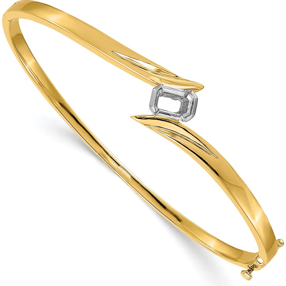 14K Two-Tone Hinged Oval Bangle Bracelet Mounting for 6x4mm Emerald-Cut Stone - 3/4 Carat Setting by Oro Pregiato
