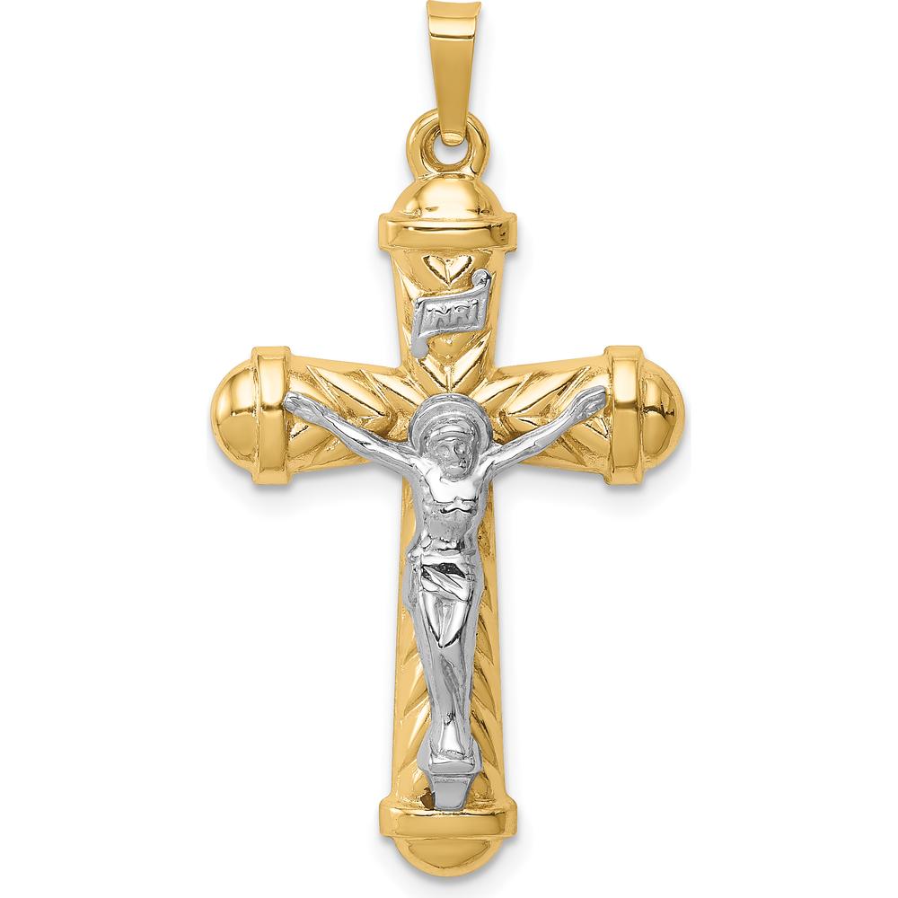 14K Two-Tone Hollow Chevron Design Polished Crucifix Pendant by Oro Pregiato