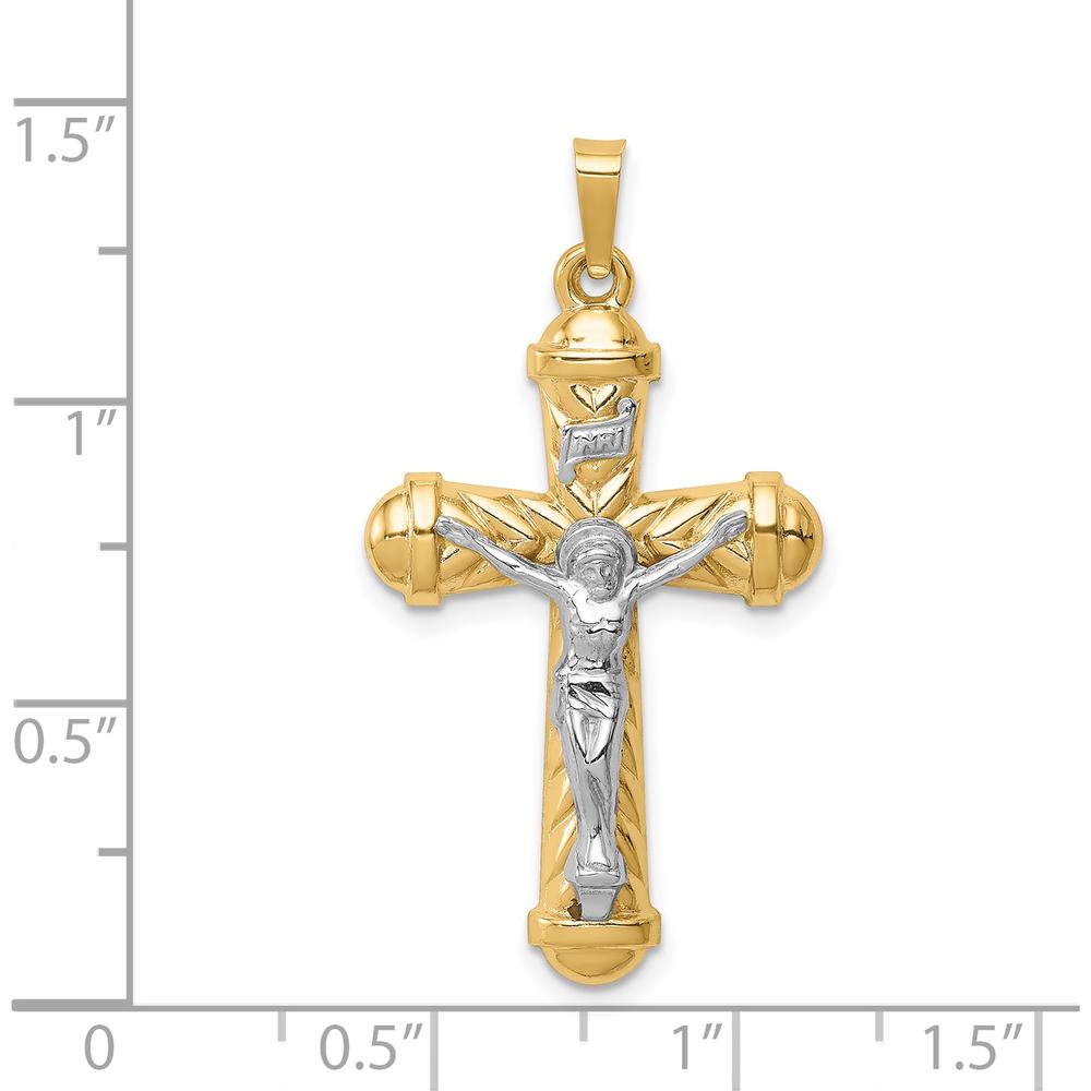 14K Two-Tone Hollow Chevron Design Polished Crucifix Pendant by Oro Pregiato