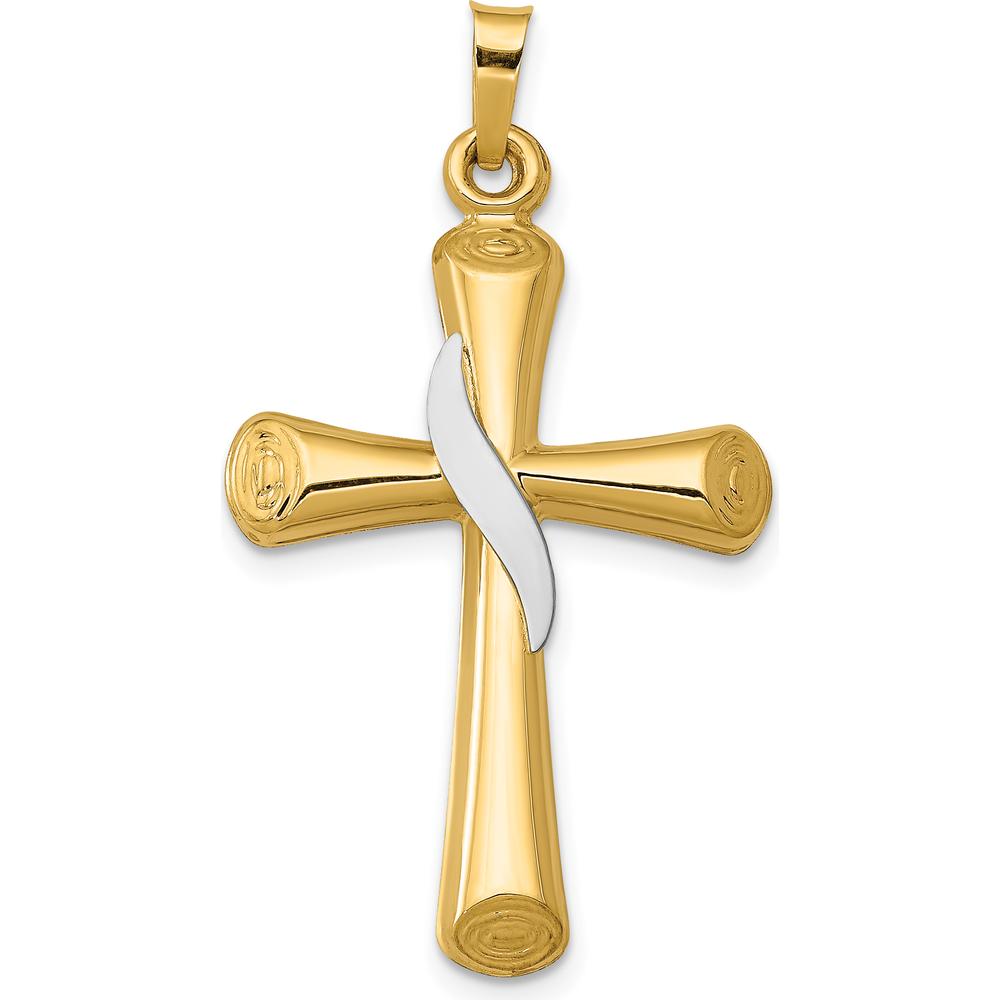 14K Two-Tone Hollow Cross Pendant with Drape Design - 35mm Length by Oro Pregiato