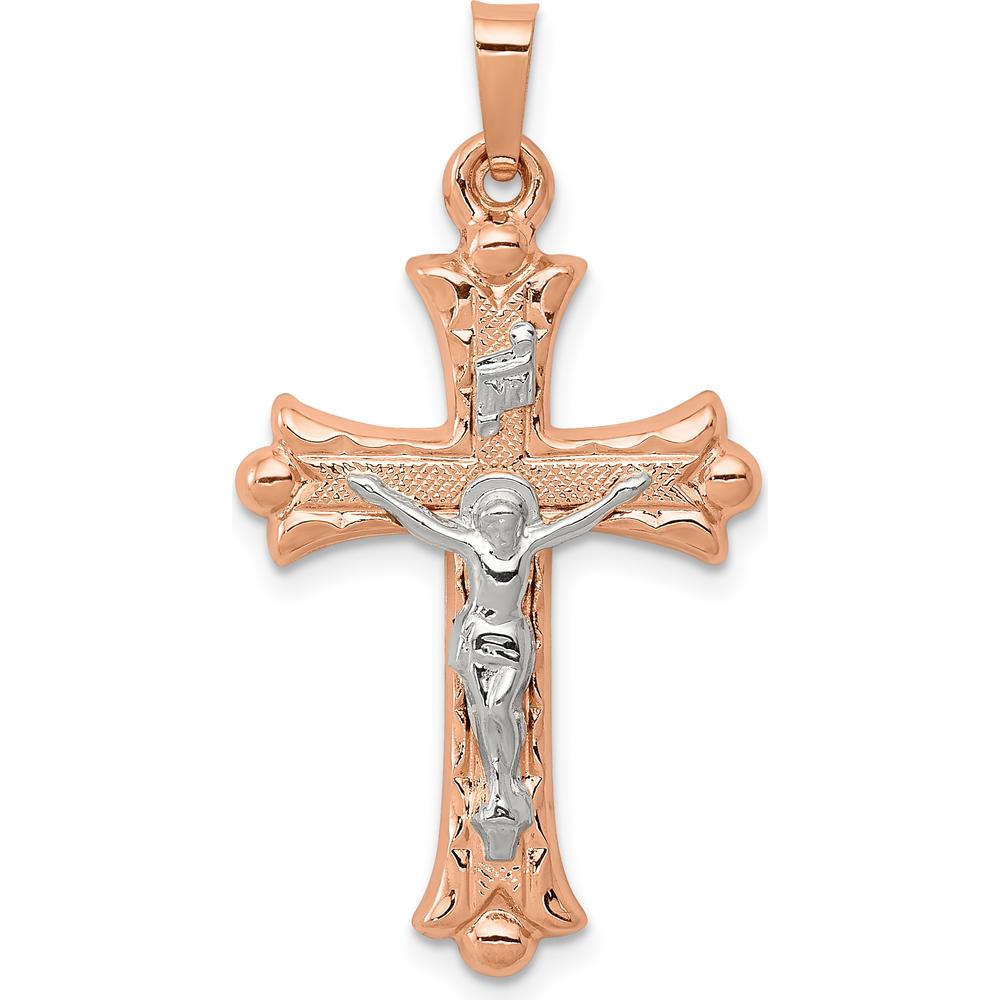 14K Two-Tone Hollow Crucifix Pendant in Rose and White Gold - 28mm Length, 18mm Width by Oro Pregiato