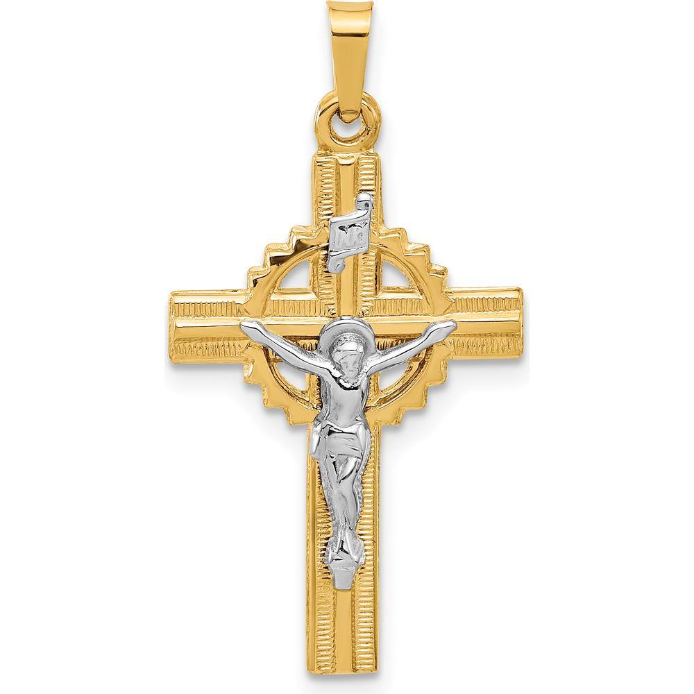 14K Two-Tone Hollow INRI Iona Crucifix Pendant - Faith-Inspired Religious Pendant with Rhodium Plating and Polished Finish by Oro Pregiato
