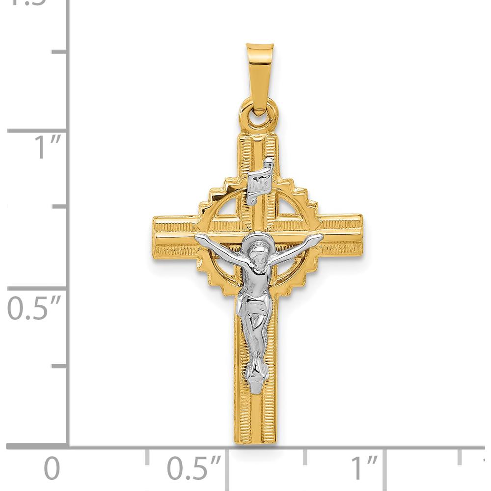 14K Two-Tone Hollow INRI Iona Crucifix Pendant - Faith-Inspired Religious Pendant with Rhodium Plating and Polished Finish by Oro Pregiato