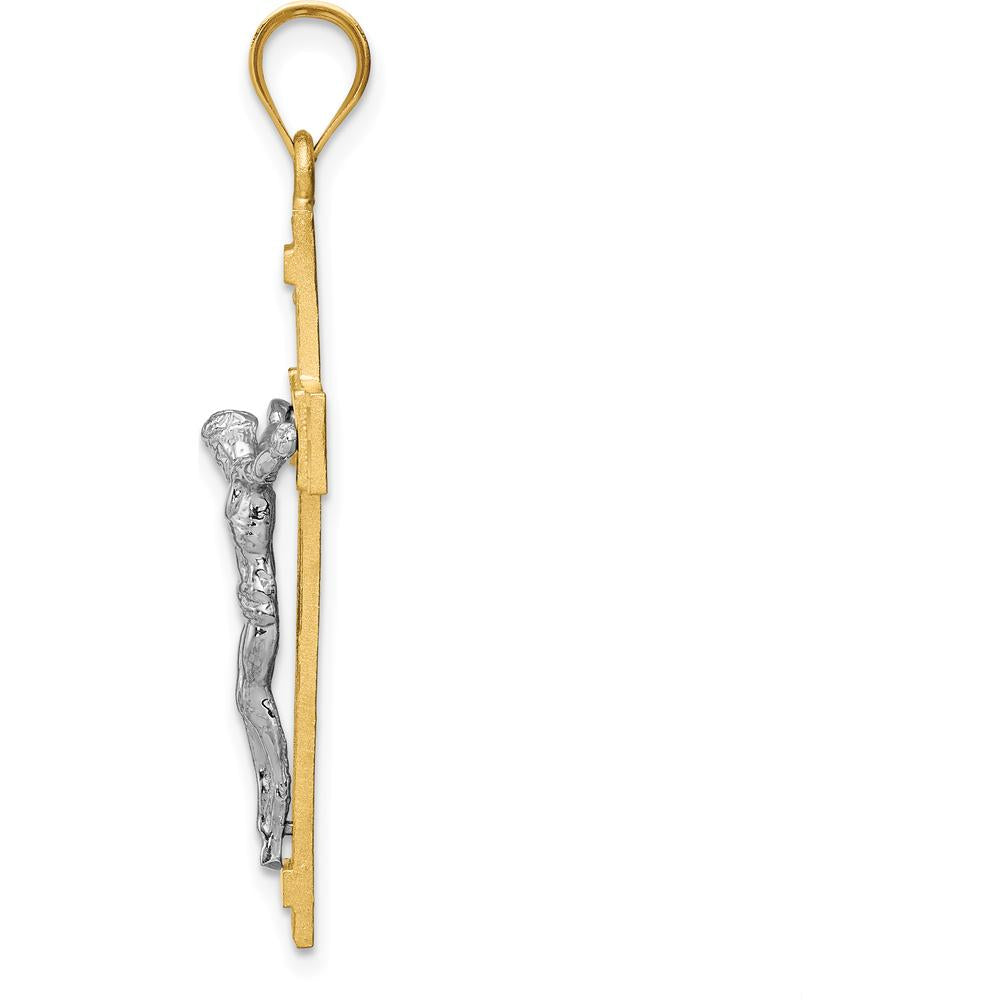 14K Two-Tone INRI Crucifix Pendant with Polished and Textured Finish - 39mm Length by Oro Pregiato