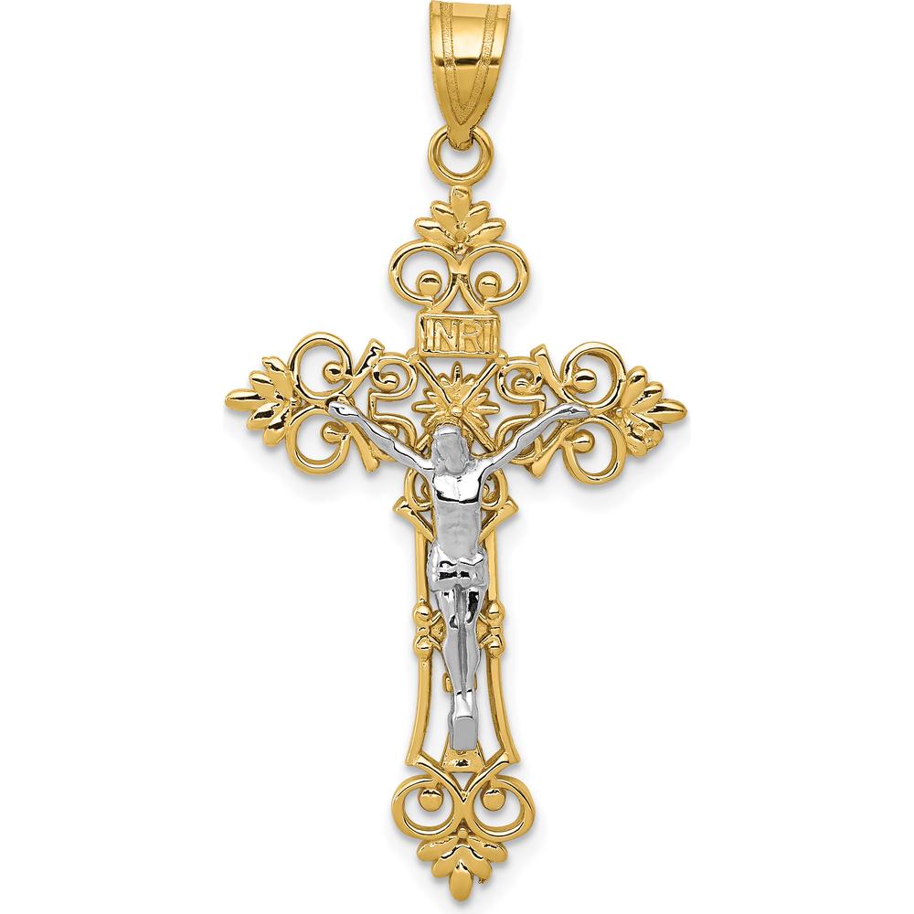 14K Two-Tone Lacy-Edge INRI Crucifix Pendant - 43mm Length, 22mm Width by Oro Pregiato