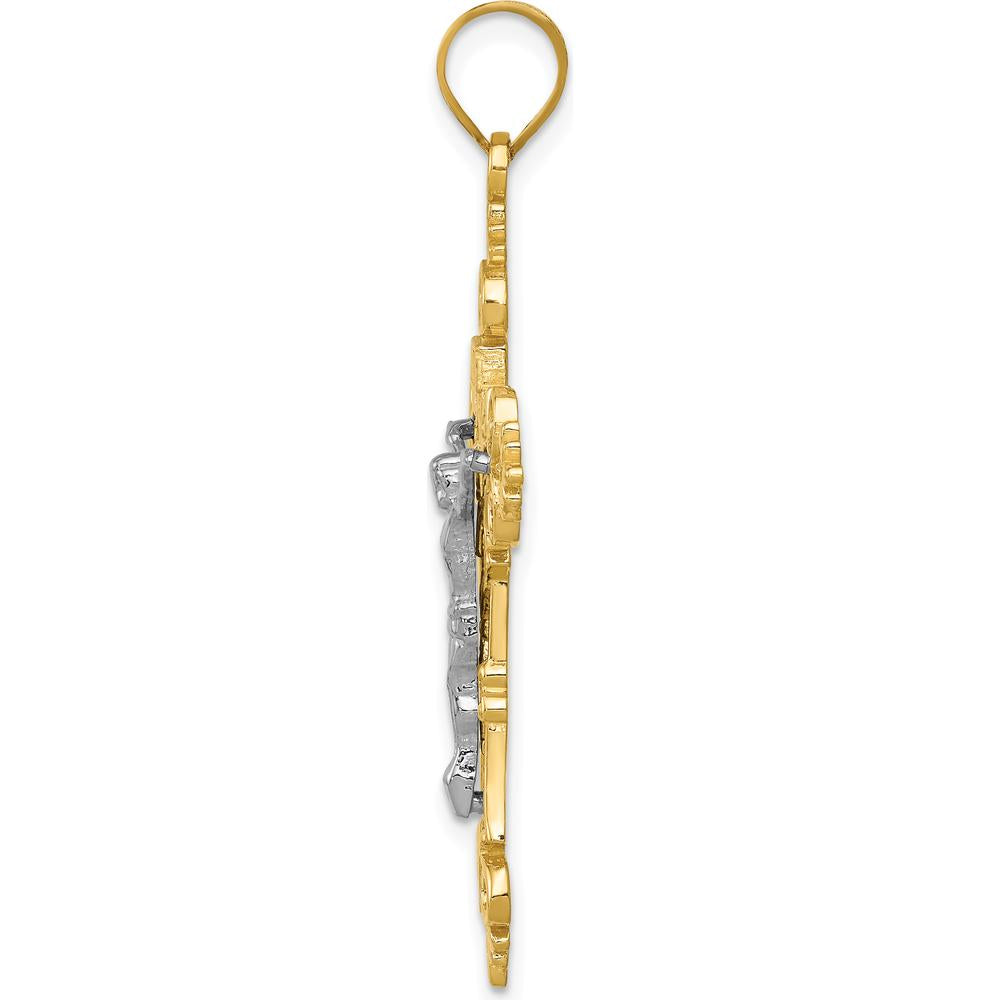 14K Two-Tone Lacy-Edge INRI Crucifix Pendant - 43mm Length, 22mm Width by Oro Pregiato