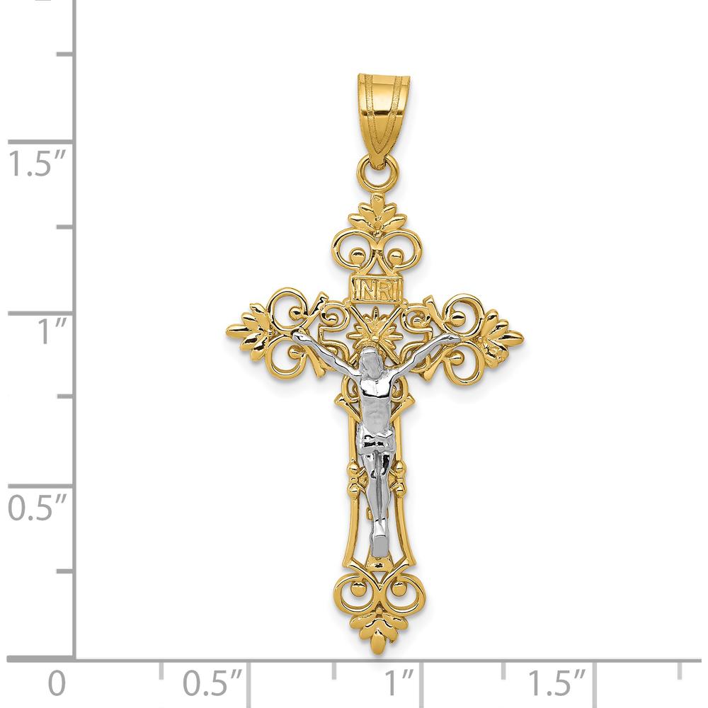 14K Two-Tone Lacy-Edge INRI Crucifix Pendant - 43mm Length, 22mm Width by Oro Pregiato