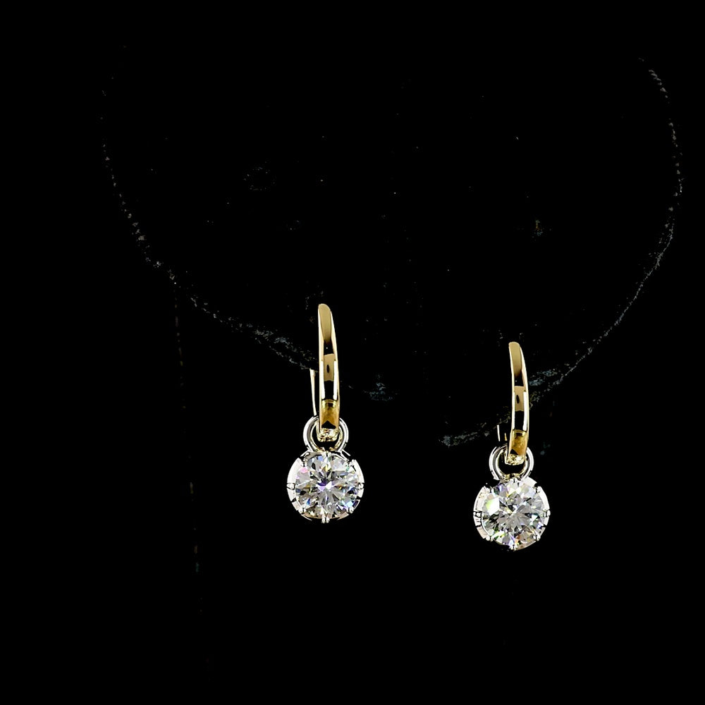 14K Two Tone Lever-Back Hanging Earrings with Round Brilliant Lab Diamonds - 0.98 Carat Total Weight (E-F Color, VS Clarity) - Covaloro Fine Jewelry