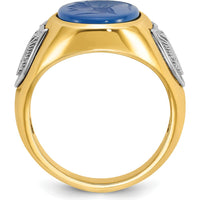 14K Two-Tone Men's Blue Agate Ring with Engraved Design by IBGoodman