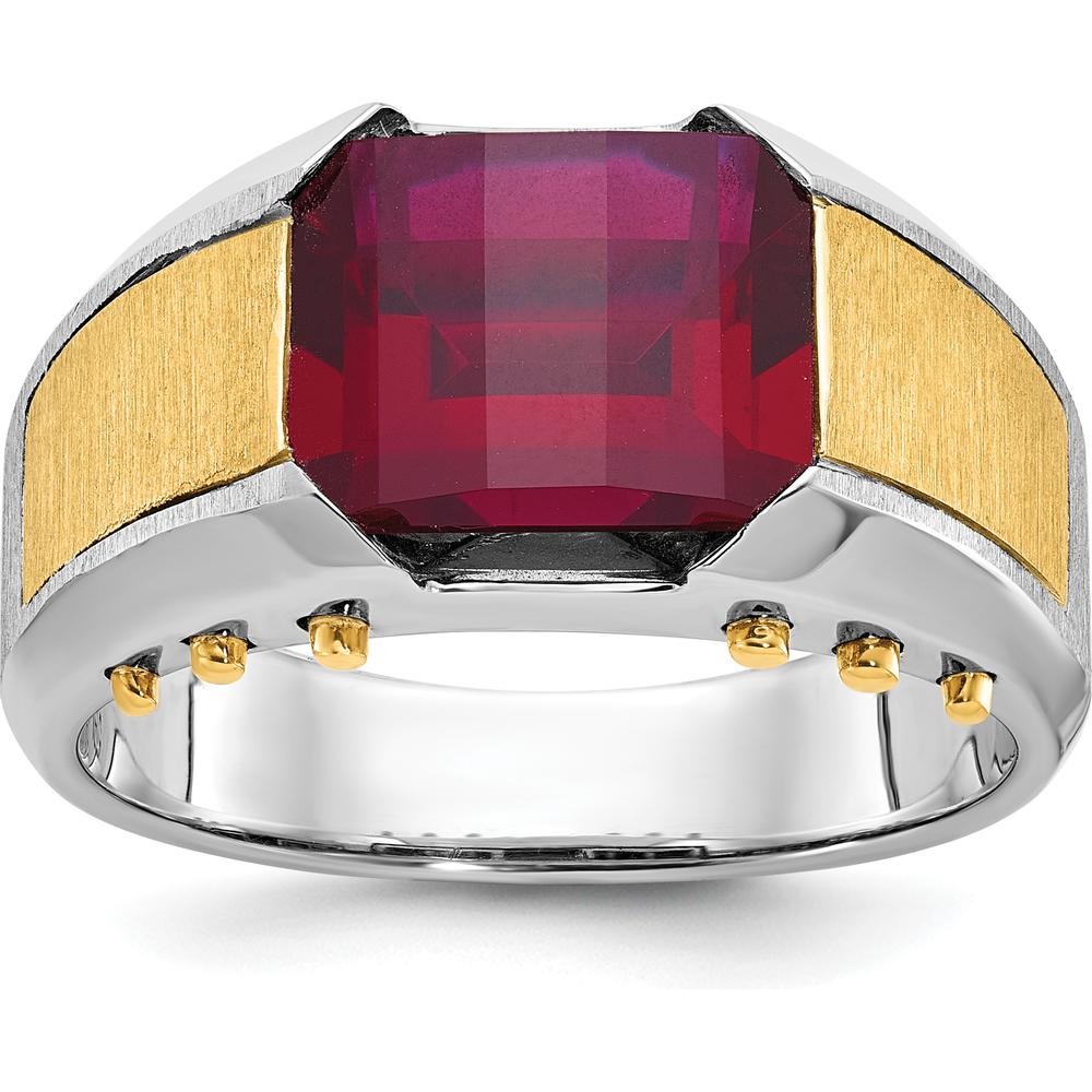 14K Two-Tone Men's Created Garnet Ring - 11x9mm Lab-Created Garnet by IBGoodman