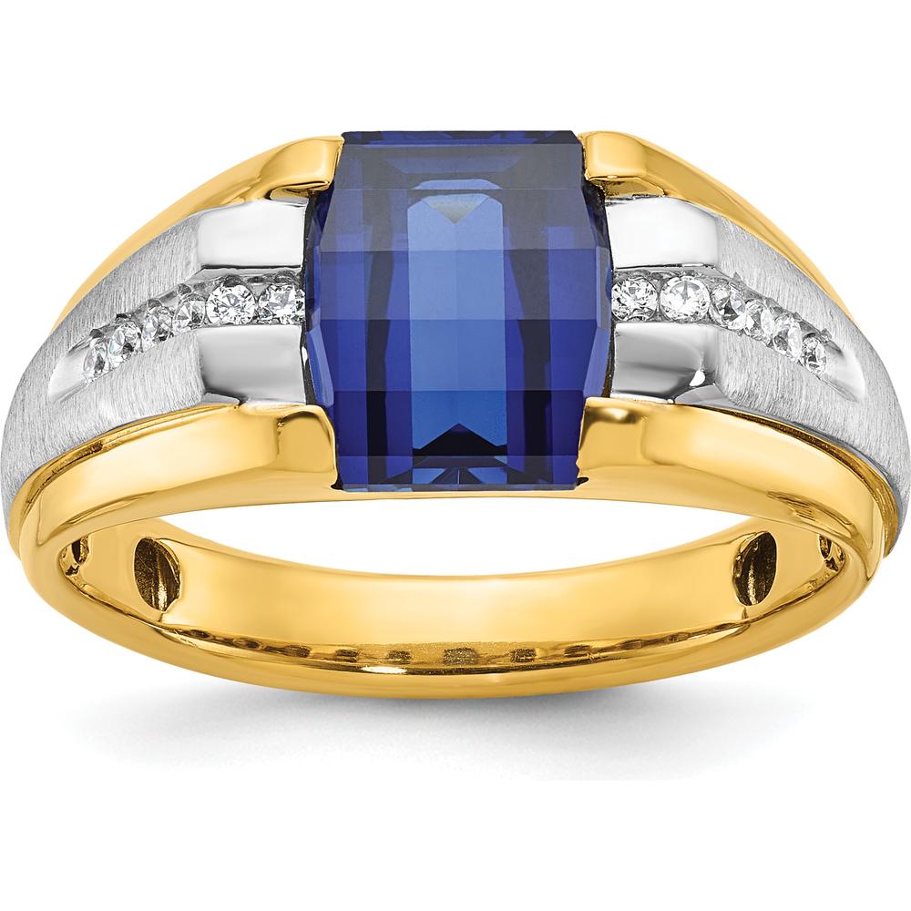 14K Two-Tone Men's Created Sapphire and 1/8 Carat Diamond Ring with Bold Square Design by IBGoodman