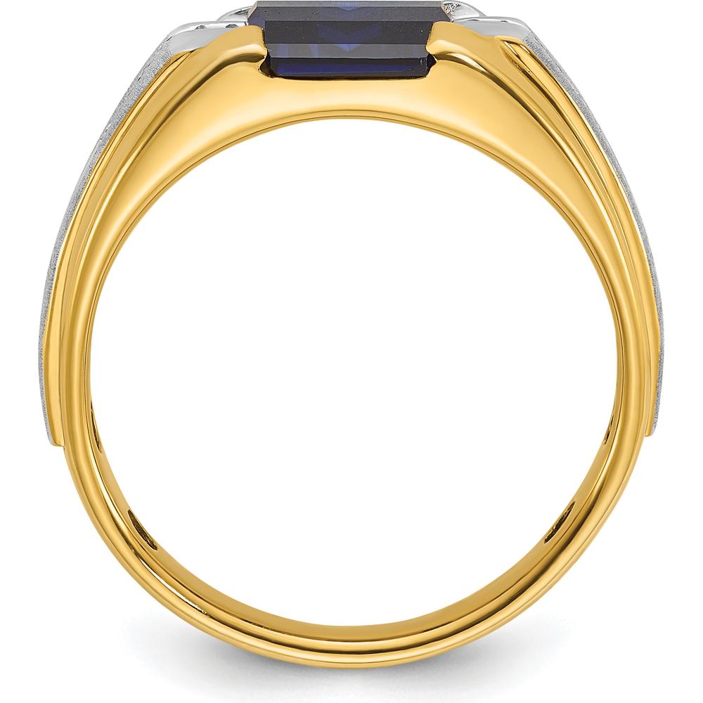 14K Two-Tone Men's Created Sapphire and 1/8 Carat Diamond Ring with Bold Square Design by IBGoodman