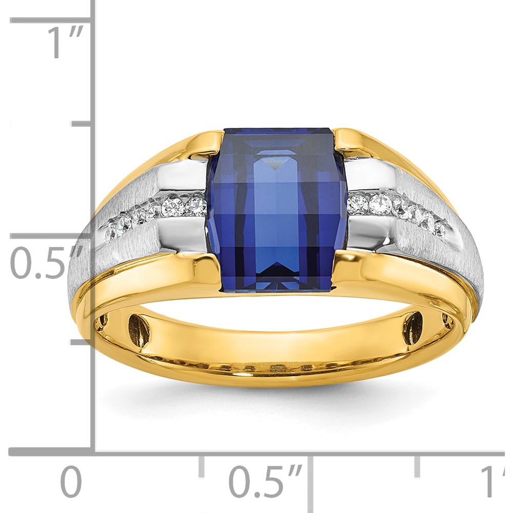 14K Two-Tone Men's Created Sapphire and 1/8 Carat Diamond Ring with Bold Square Design by IBGoodman
