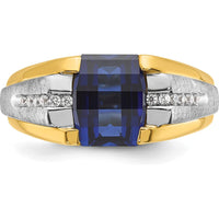 14K Two-Tone Men's Created Sapphire and 1/8 Carat Diamond Ring with Bold Square Design by IBGoodman