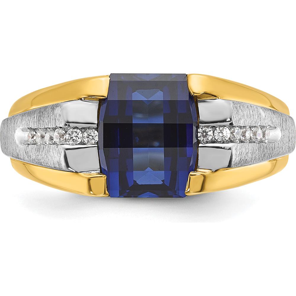 14K Two-Tone Men's Created Sapphire and 1/8 Carat Diamond Ring with Bold Square Design by IBGoodman
