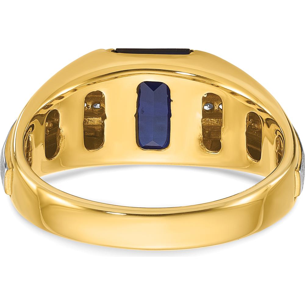 14K Two-Tone Men's Created Sapphire and 1/8 Carat Diamond Ring with Bold Square Design by IBGoodman