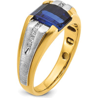 14K Two-Tone Men's Created Sapphire and 1/8 Carat Diamond Ring with Bold Square Design by IBGoodman