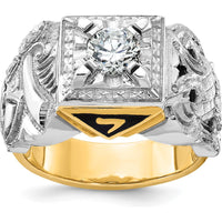 14K Two-Tone Men's Diamond Masonic Ring with Black Enamel and Gothic Shank - 0.349 Carats Total Diamond Weight by IBGoodman