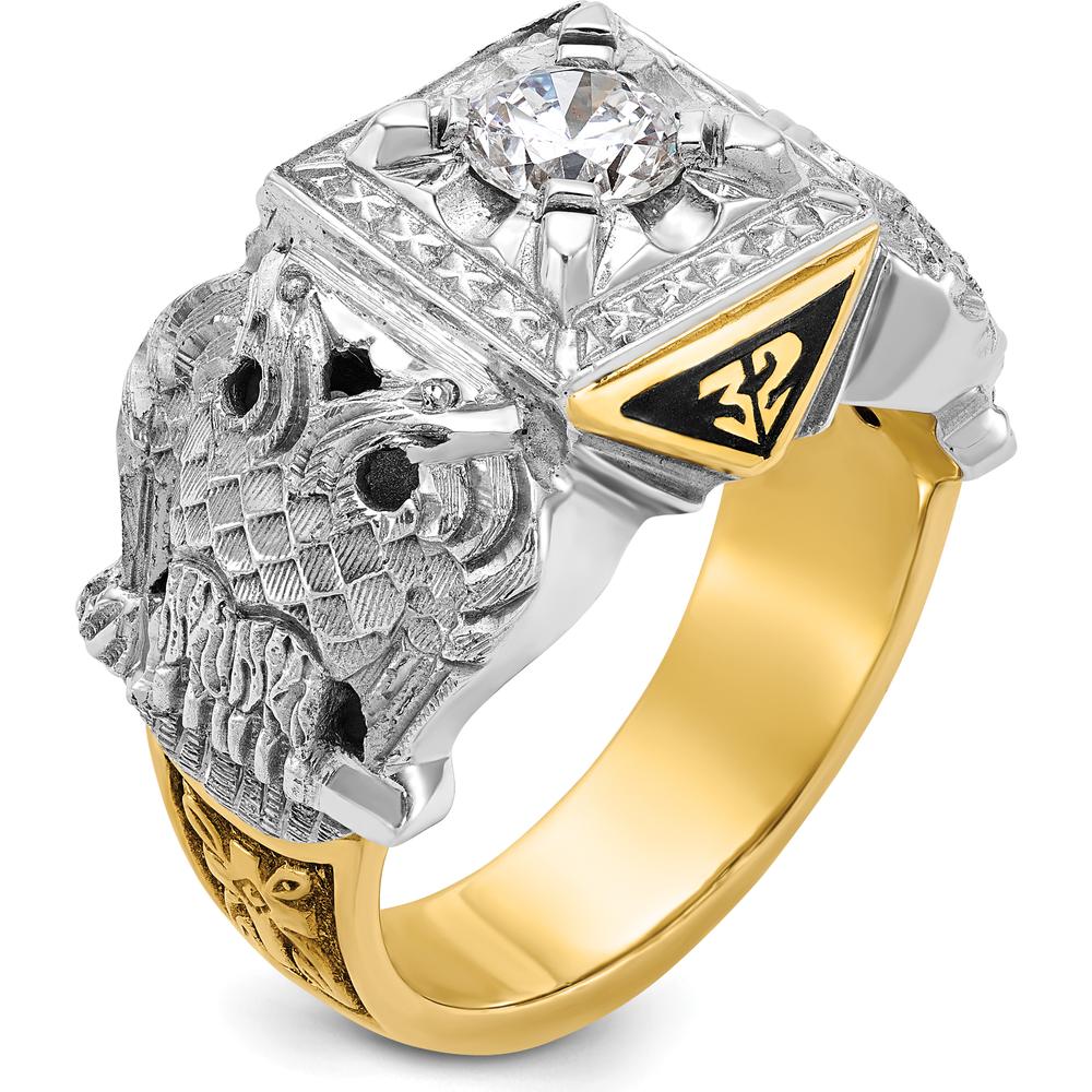 14K Two-Tone Men's Diamond Masonic Ring with Black Enamel and Gothic Shank - 0.349 Carats Total Diamond Weight by IBGoodman