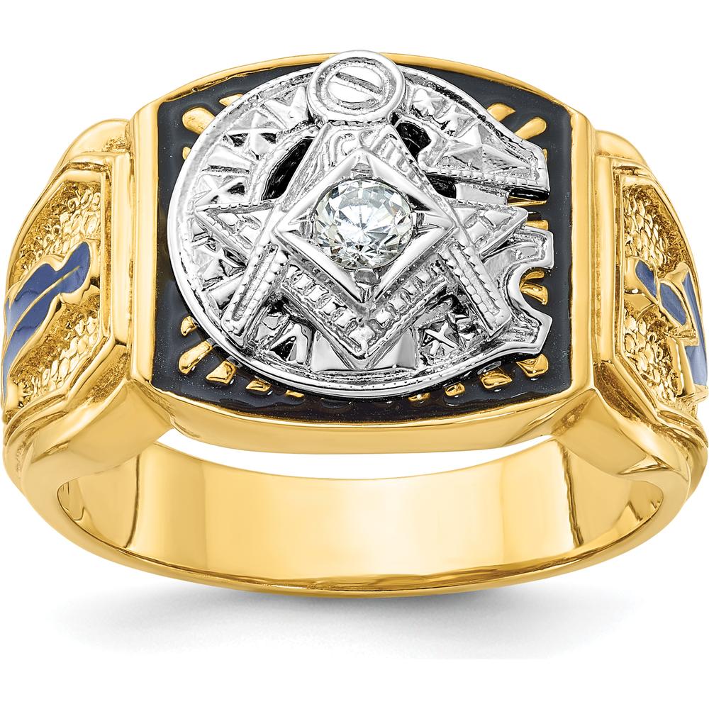 14K Two-Tone Men's Diamond Masonic Ring with Blue and Black Enamel - 0.15 Carats Total Diamond Weight by IBGoodman
