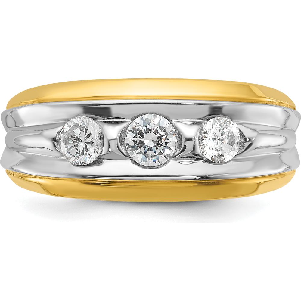 14K Two-Tone Men's Grooved 3-Stone Diamond Ring - 3/4 Carat Total Diamond Weight by IBGoodman
