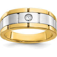 14K Two-Tone Men's Grooved Diamond Ring with Round Faceted 1/10 Carat AA Diamond - 0.103 Carats Total Diamond Weight by IBGoodman