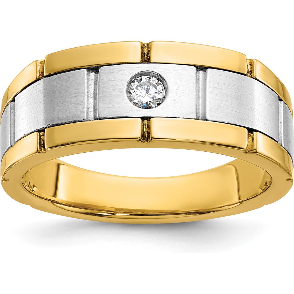 14K Two-Tone Men's Grooved Diamond Ring with Round Faceted 1/10 Carat AA Diamond - 0.103 Carats Total Diamond Weight by IBGoodman