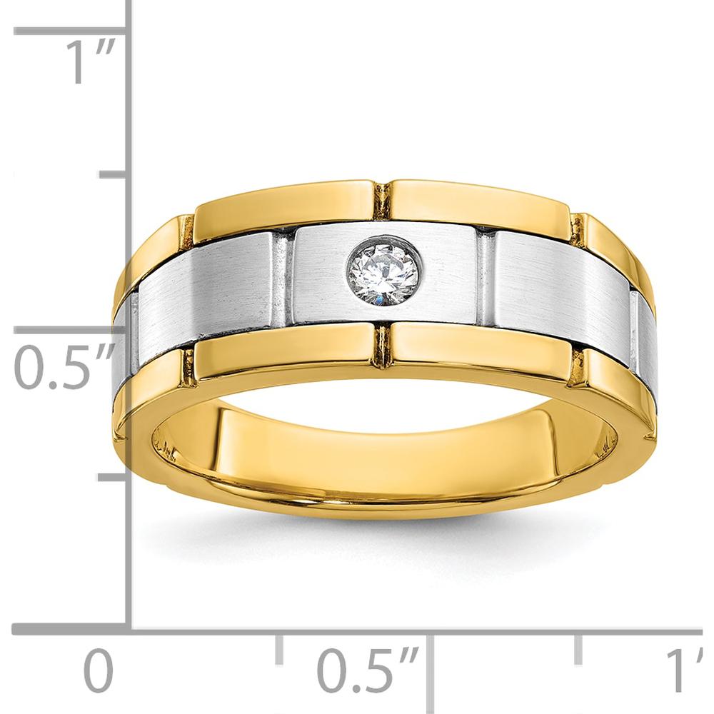 14K Two-Tone Men's Grooved Diamond Ring with Round Faceted 1/10 Carat AA Diamond - 0.103 Carats Total Diamond Weight by IBGoodman