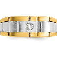 14K Two-Tone Men's Grooved Diamond Ring with Round Faceted 1/10 Carat AA Diamond - 0.103 Carats Total Diamond Weight by IBGoodman